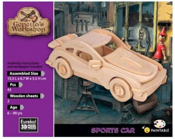 Gepetto's Workshop 3d puzzel van hout sportauto 16 cm - Afbeelding 2